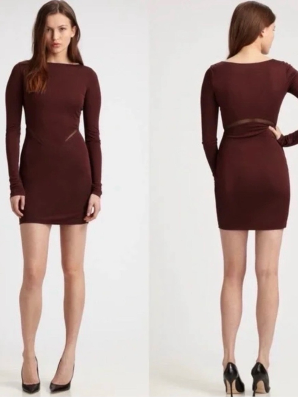 T by Alexander Wang Burgundy Mesh Panel Stretch Knit Bodycon Mini Dress